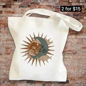 Celestial Sun & Moon Artisan Printed Canvas Casual Everyday Carryall Fabric Tote